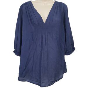 Ann Taylor Silk Blend Peasant Top Women's L Gauzy Smocking Gathered Half Sleeve